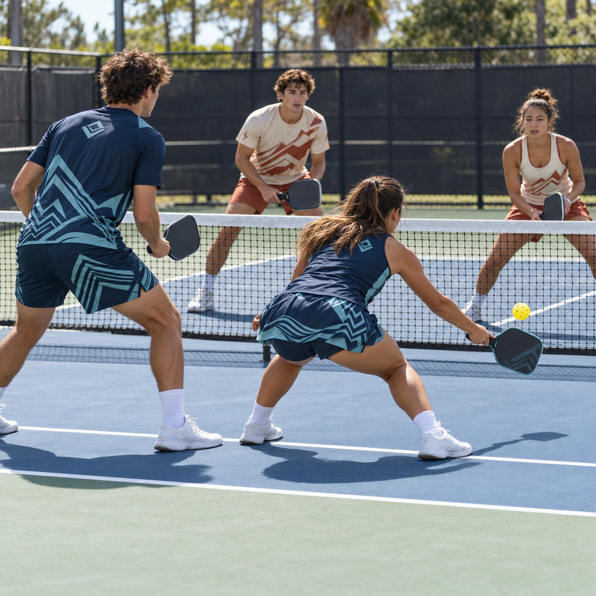 Pickleball doubles at the kitchen line