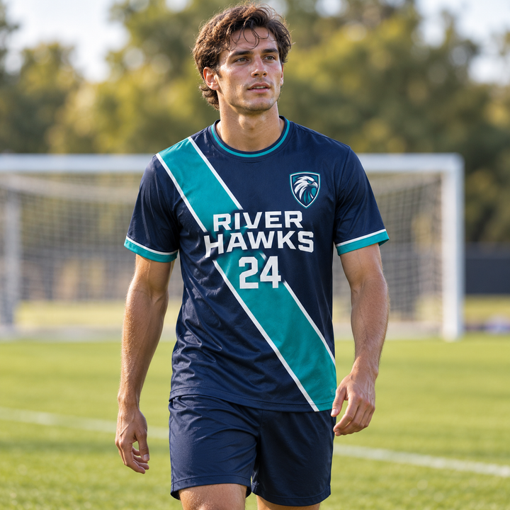 Soccer Jersey - Crewneck (AOPTS) front on player - River Hawks 24 sample design
