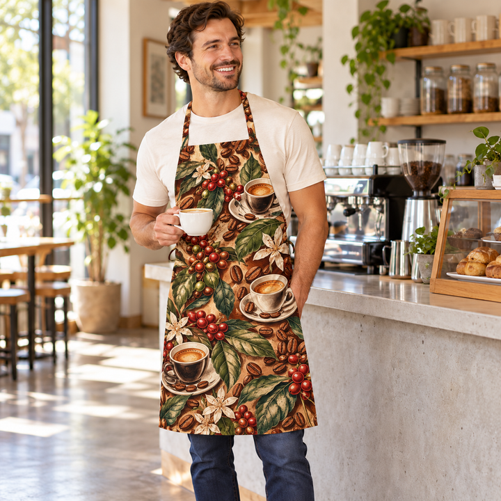 Custom sublimated apron AOPAPRNS - full-print coffee botanical design on a barista
