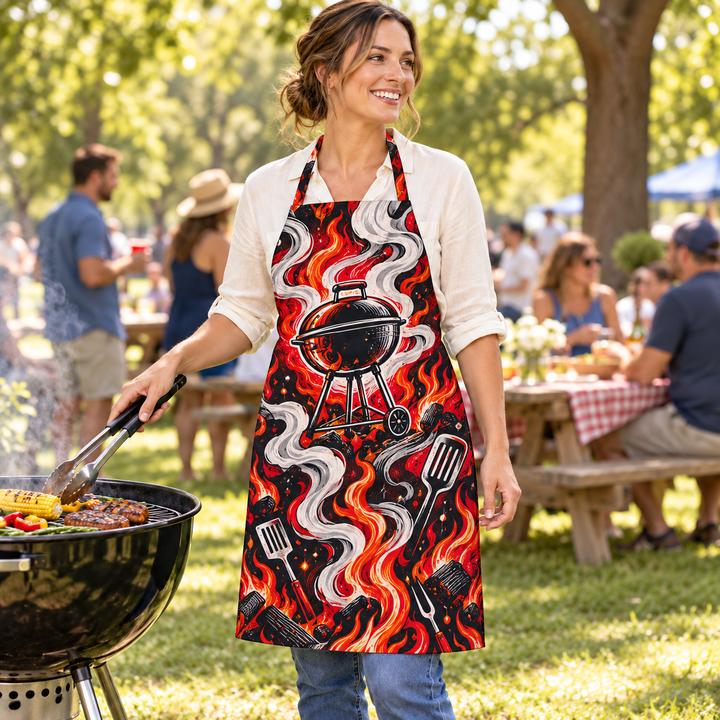 Custom sublimated apron AOPAPRNS - full-print barbecue flame design at a cookout