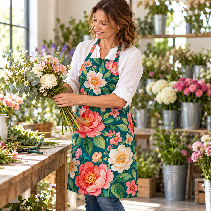 Custom sublimated apron AOPAPRNS - full-print floral design in a flower shop