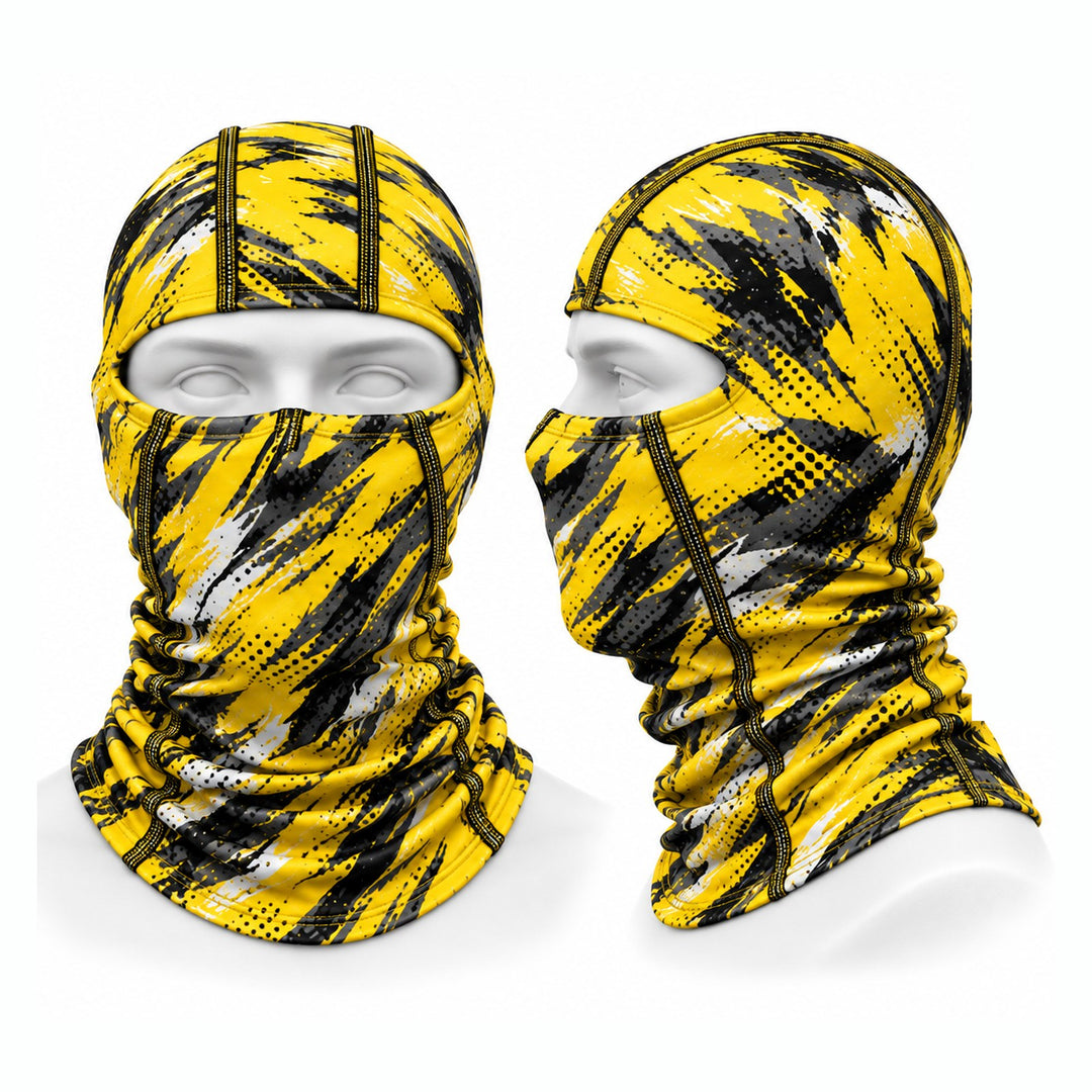 Custom sublimated ski mask in a yellow brushstroke print, front and side views