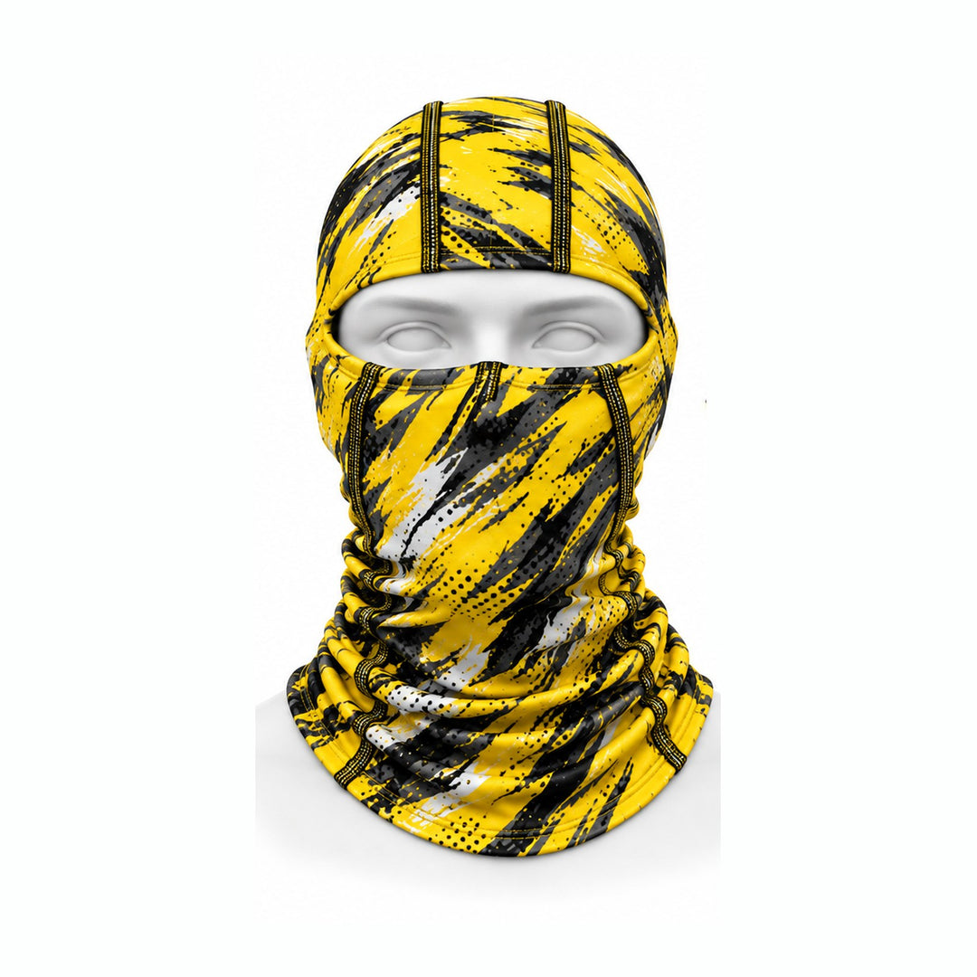 Custom sublimated ski mask in a yellow, black and gray brushstroke print, front view showing the wide eye opening and long pull-up neck