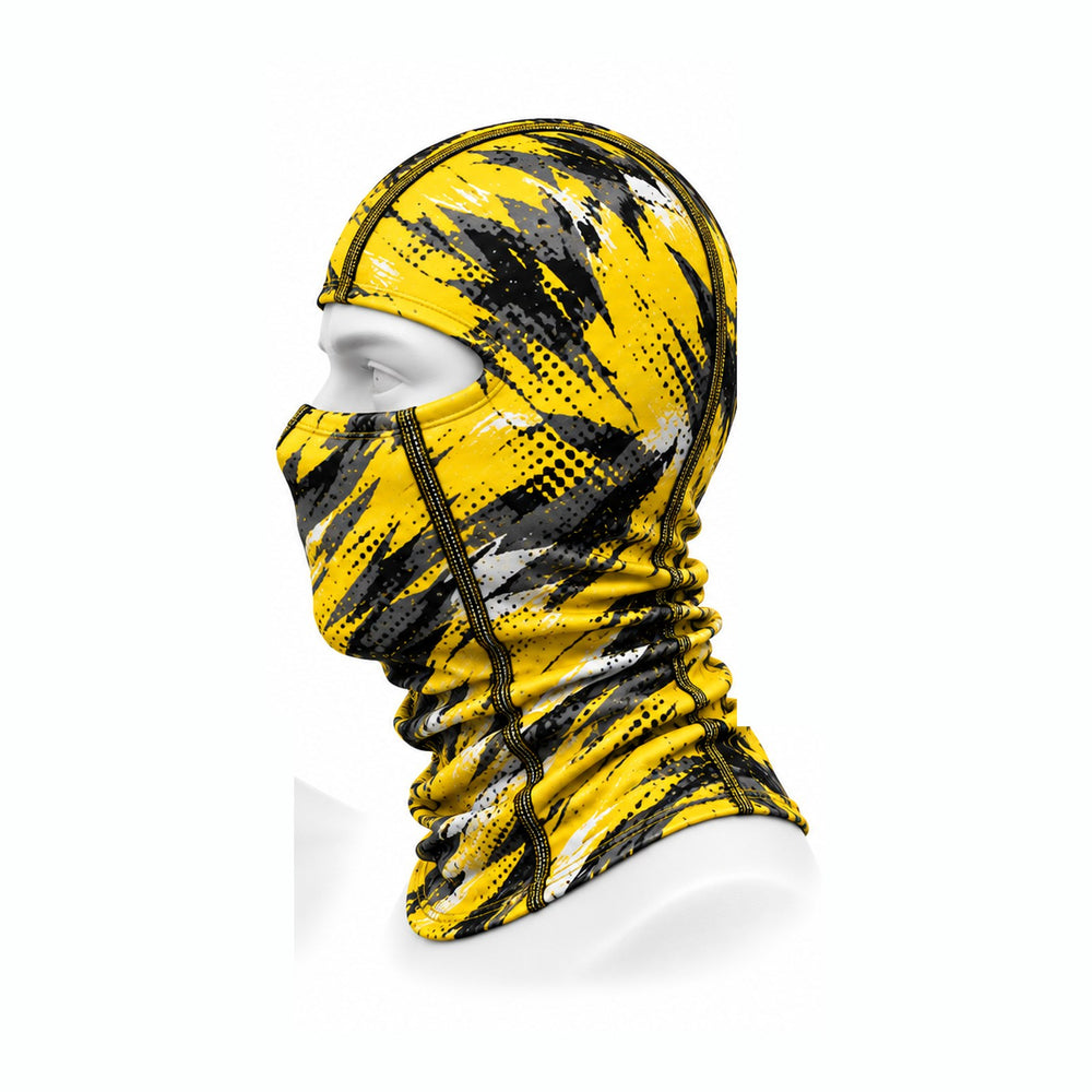 Custom sublimated ski mask, side view showing the center-strip seam and T-shaped mouth and neck panel