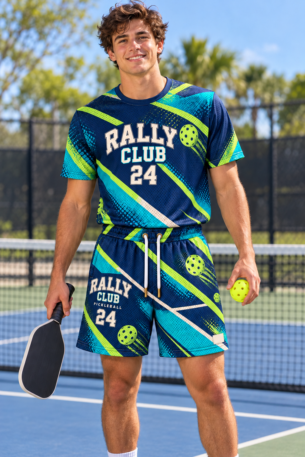 Pickleball player in custom mesh shorts and jersey
