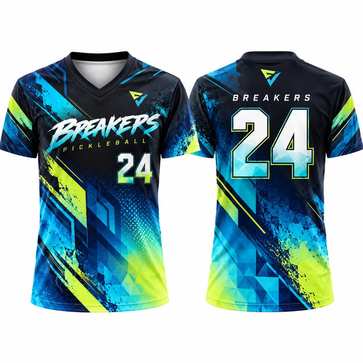 Custom sublimated pickleball V-neck jersey, front and back