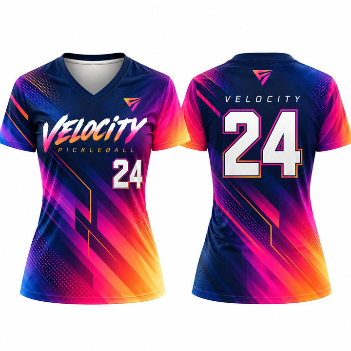 Women's custom pickleball V-neck jersey, front and back