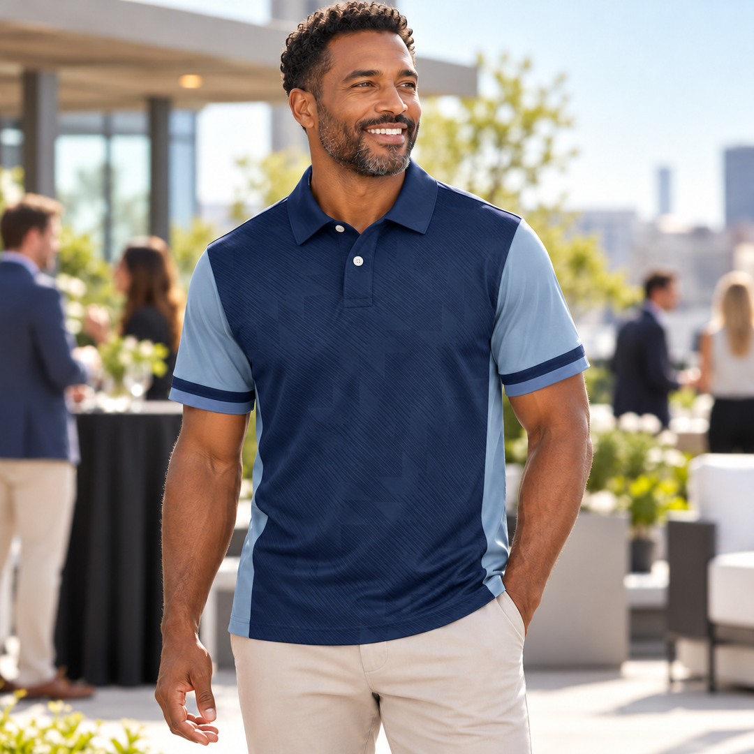 Custom sublimated men's two-button polo lifestyle visualization